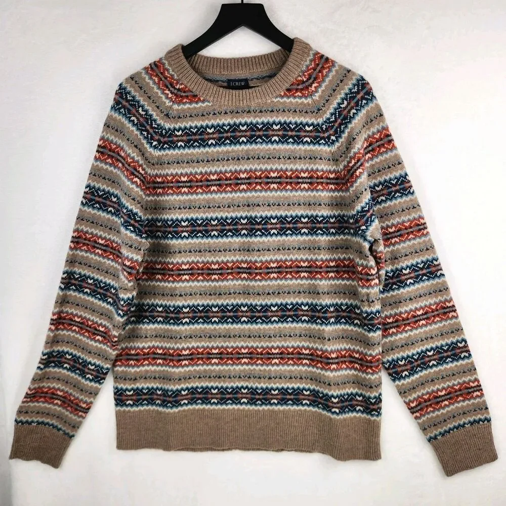 J. Crew Lambs Wool Blend Sweater Men's Large Fair Isle Crewneck Preppy Classic